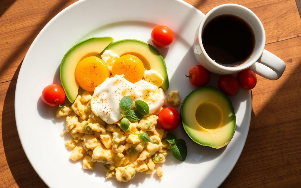 Prato de café da manhã low carb com ovos mexidos, abacate, tomate cereja e café preto