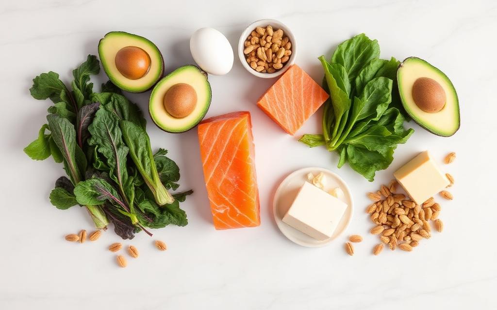 Alimentos low carb sobre bancada de mármore: ovos, abacate, salmão, folhas verdes, queijo e castanhas