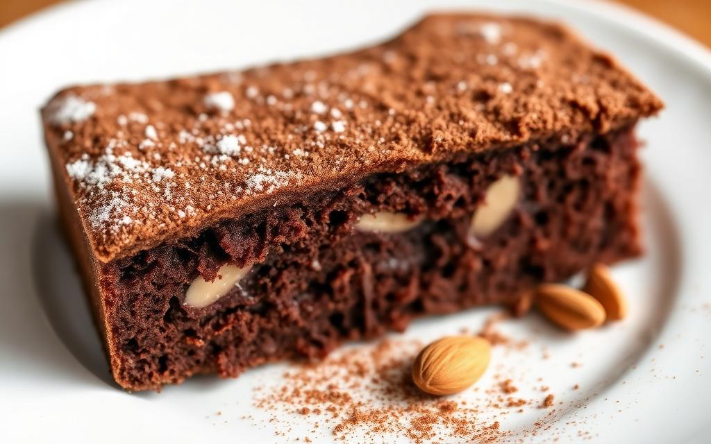 Fatia de bolo de chocolate zero açúcar com amêndoas e cacau em prato branco