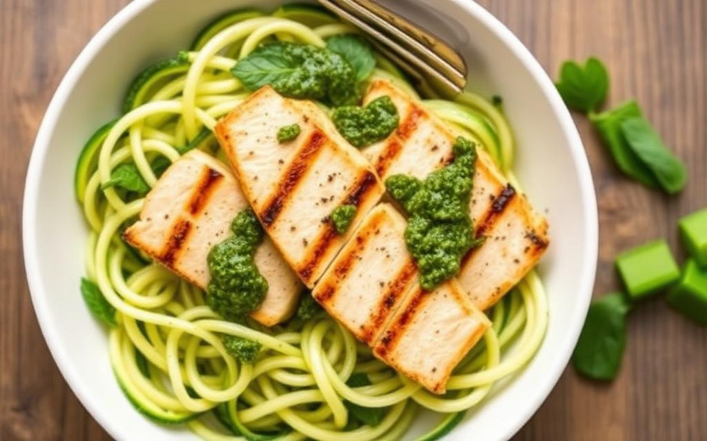 Tigela com frango grelhado fatiado sobre espaguete de abobrinha com pesto