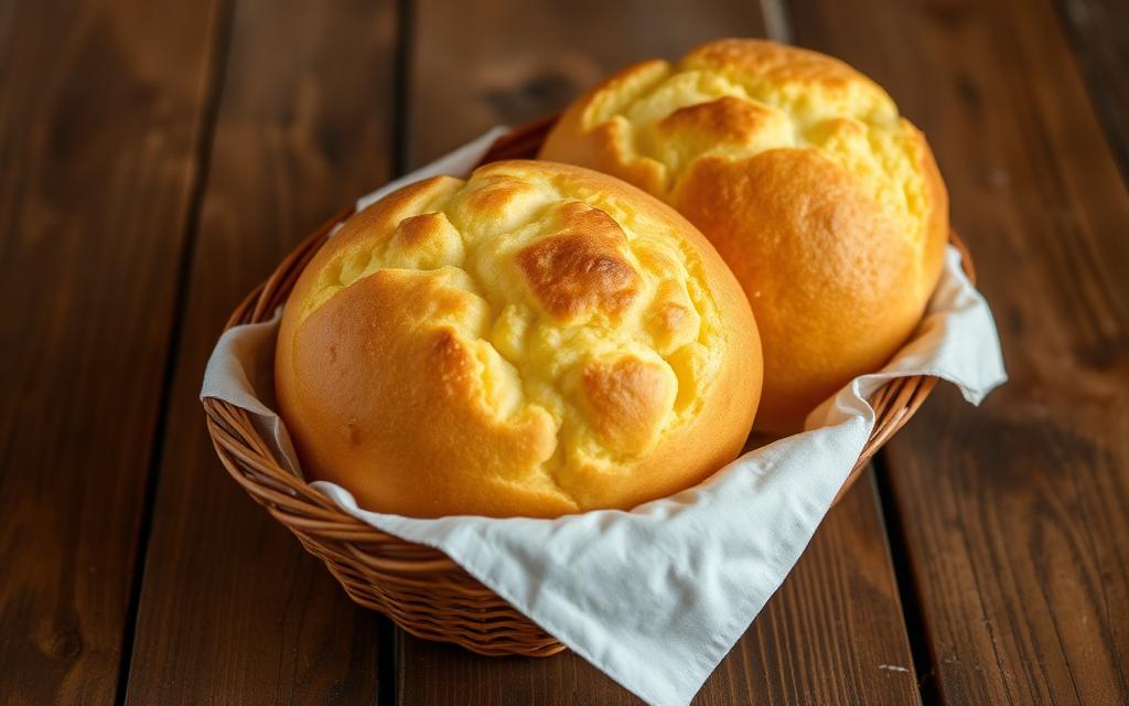 Cesta com pães de queijo low carb dourados sobre mesa de madeira
