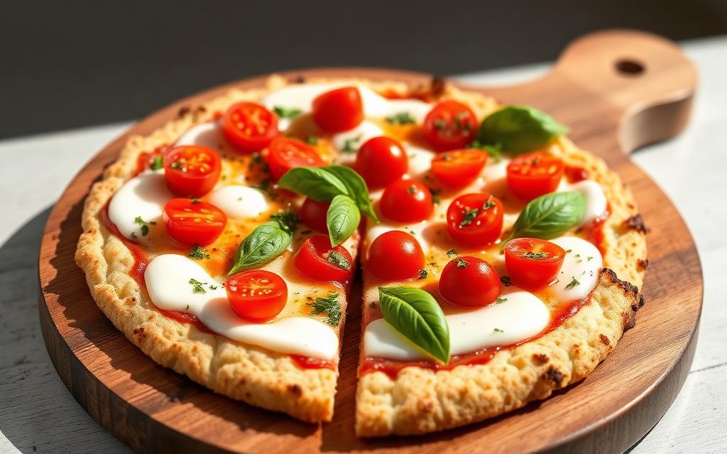 Pizza com massa de couve-flor, muçarela, tomate cereja e manjericão em tábua de madeira